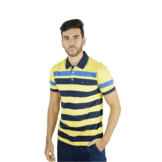 Camisa Polo Style Listrada Amarelo E Azul Marinho